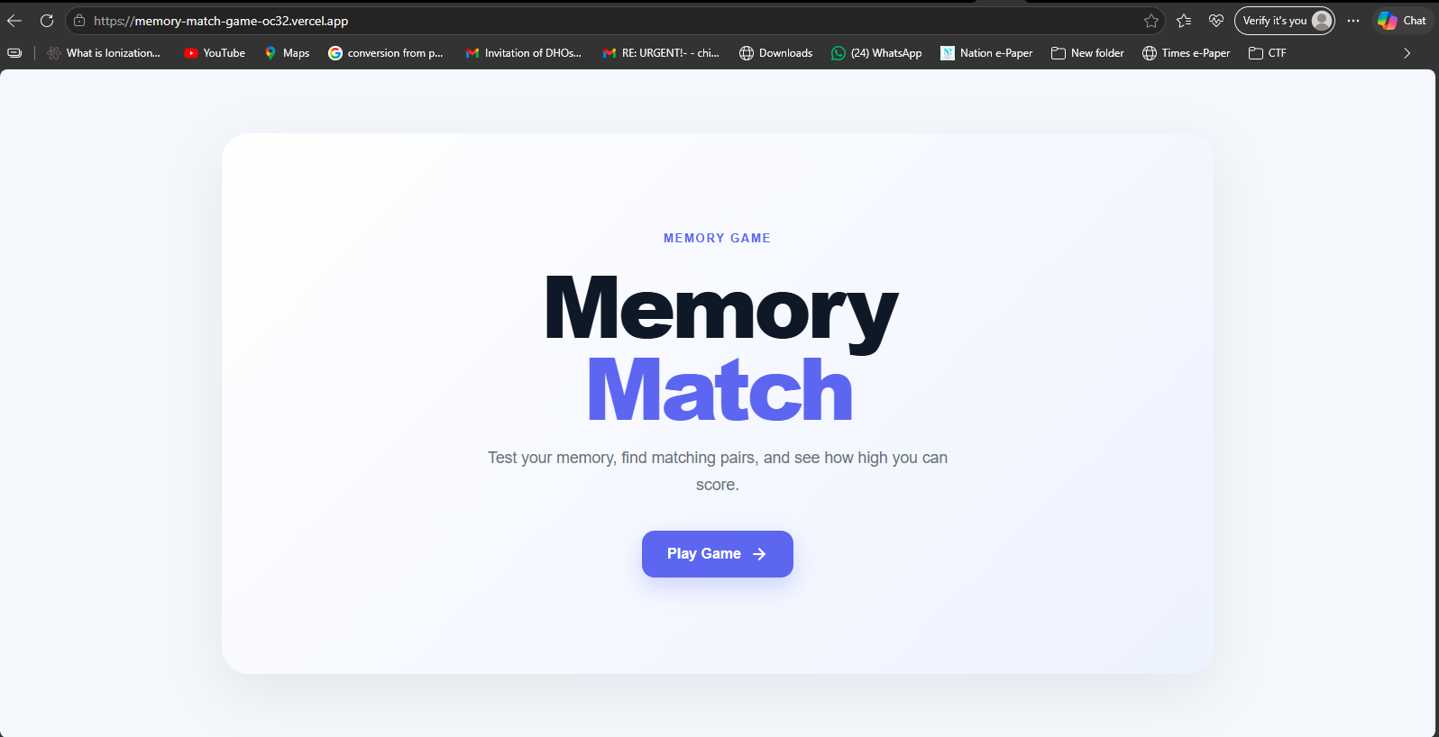 Memory Game Home